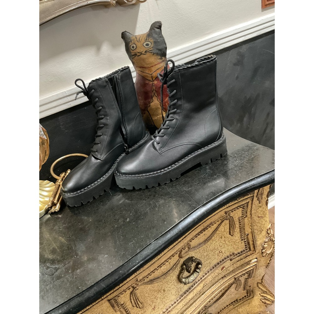 Aquatalia Black Leather Combat Boots Braided Trim Lug Sole Made in Italy 11M
